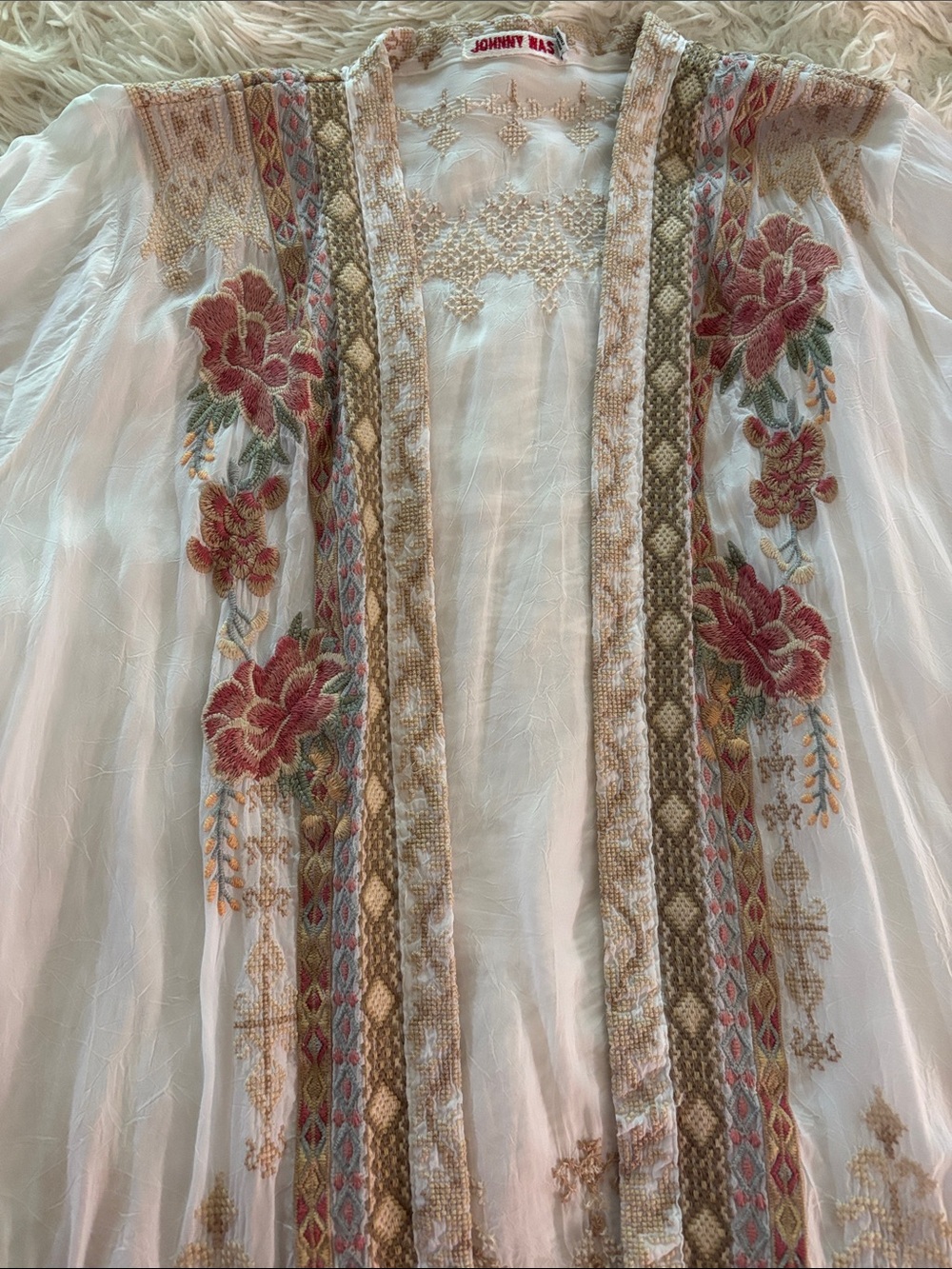 Johnny Was Ivory Sheer Embroidered Kimono with Pink Floral Accents - Picture 5 of 6